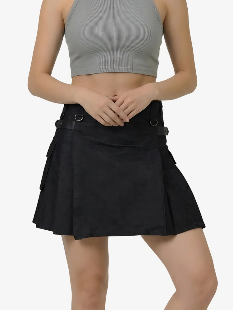 Women Black Denim Utility Kilt