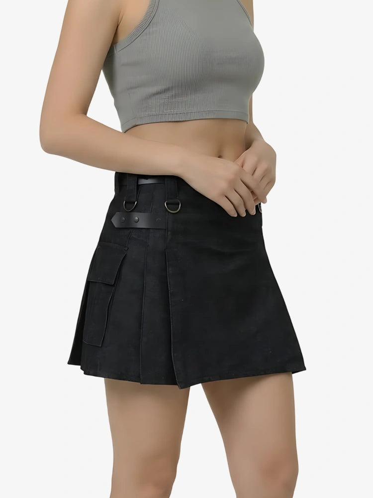 Women Black Denim Utility Kilt