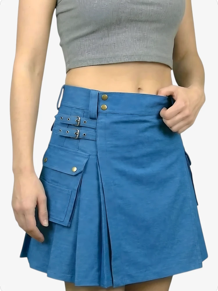 Women Blue Denim Kilt with Adjustable Straps