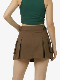 Brown skirt worn by a person on a white background