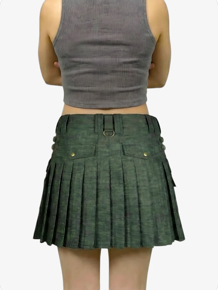 Green pleated skirt worn by a person on a white background
