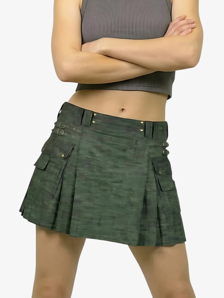 Women Dark Olive Denim Kilt with Cargo Pocket