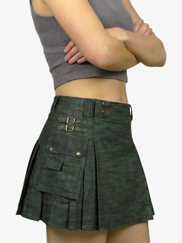 Women Dark Olive Denim Kilt with Cargo Pocket