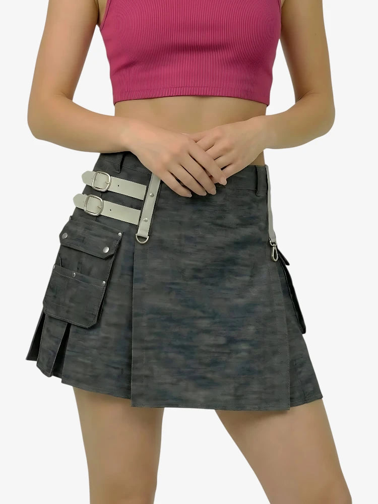 Women Denim Utility Kilt With Adjustable Straps