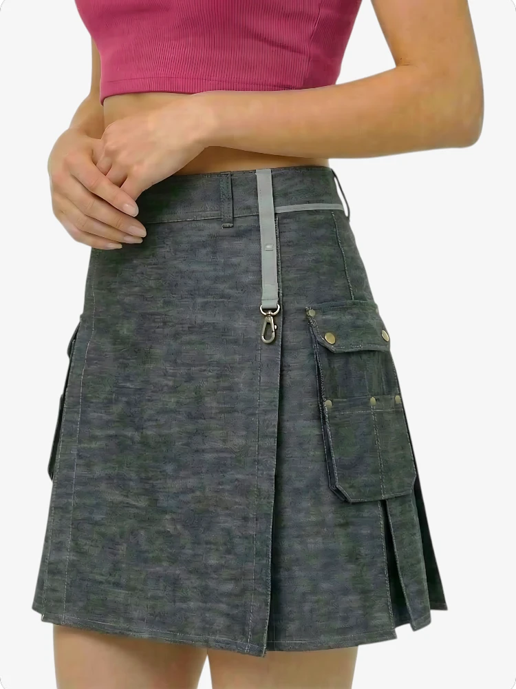 Women Denim Utility Kilt With Adjustable Straps