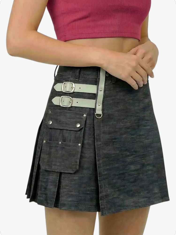Women Denim Utility Kilt With Adjustable Straps