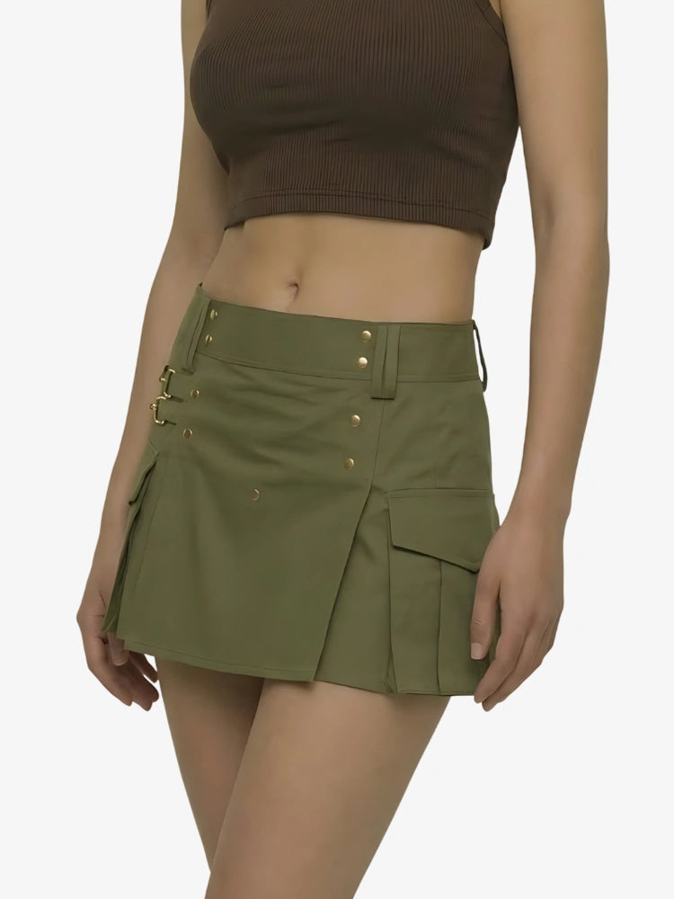 Green skirt worn by a model on a white background