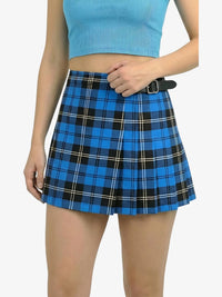 Person wearing a blue plaid skirt on a white background