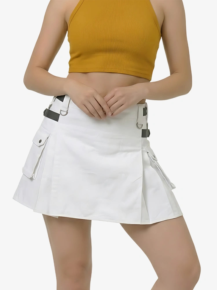 Women White Utility Kilt With Leather Straps