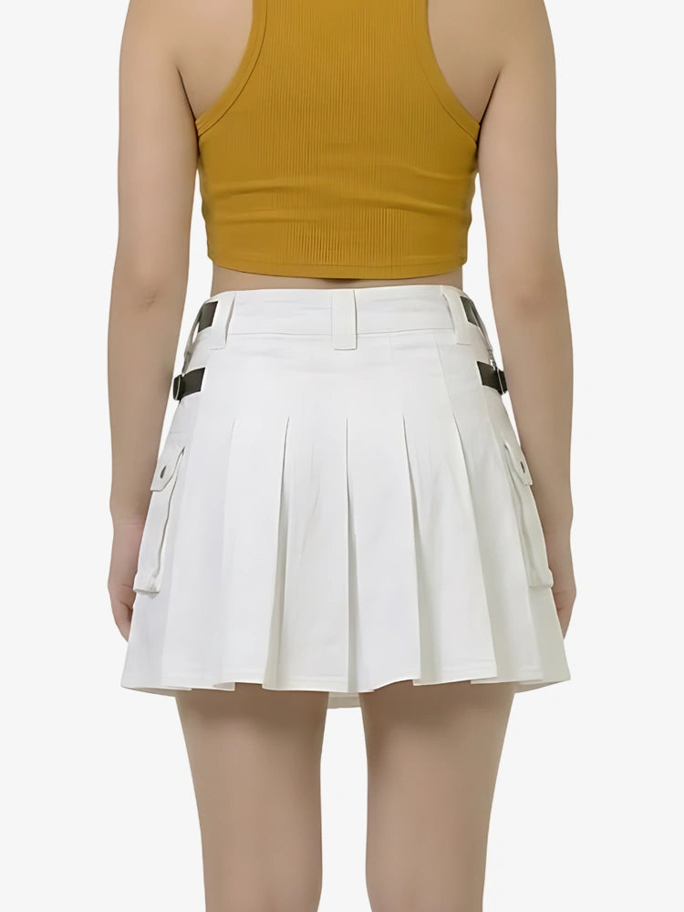 White pleated skirt worn by a person on a white background