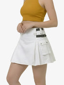 White skirt with black belt and buttons worn by a person on a white background