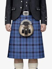 Person wearing a blue plaid kilt with a sporran on a white background