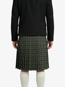 Person wearing a black jacket and plaid kilt on a white background