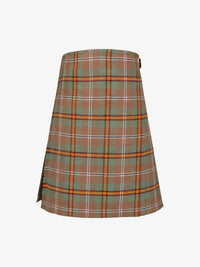 Plaid kilt with green, orange, and white pattern on a white background